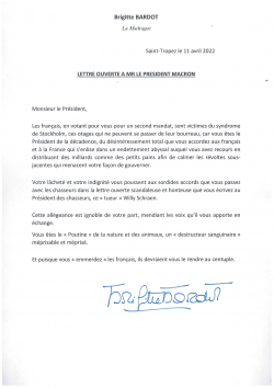 Lettre de Brigitte Bardot à Emmanuel Macron 11/04/22